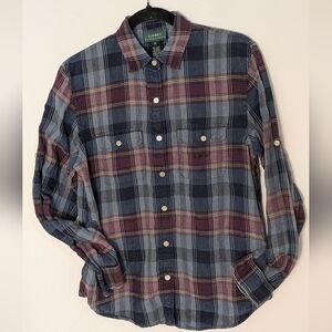 Lauren Ralph Lauren Linen Blue Plaid Buttom Down Shirt Women’s Sz M Roll Up